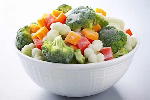 Frozen vegetables in a white bowl on a white background.