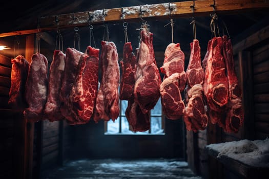 Pieces of fresh meat are suspended on a rope.