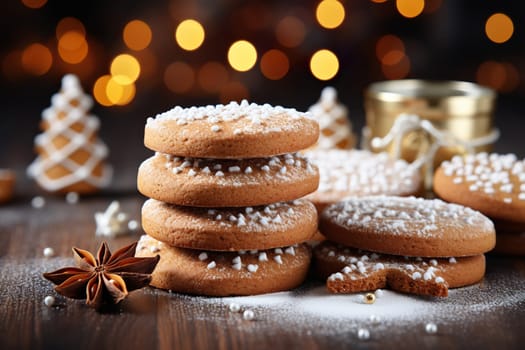 Homemade ginger cookies with star anise and powdered sugar.