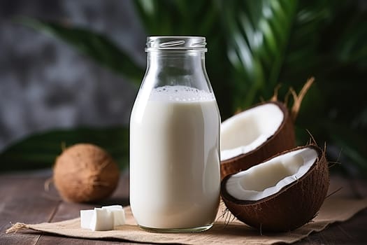 A bottle of coconut milk on a wooden tray with coconut halves nearby. Healthy nutrition concept.