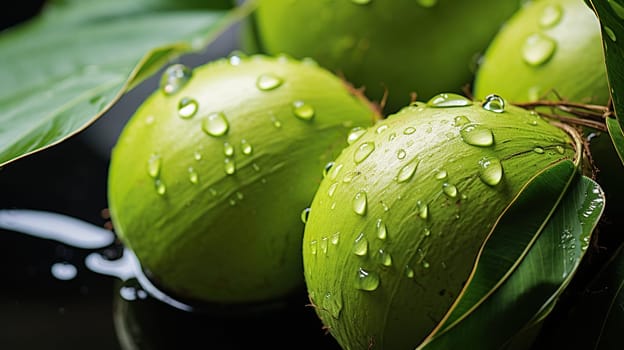 Young green coconut fruits on tree with water drop.