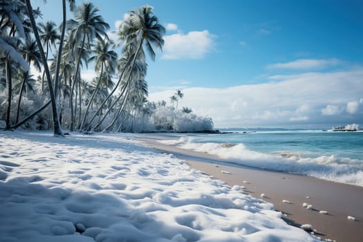 Palm trees in the snow on the seashore.
