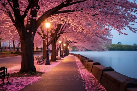 A long alley with flowering trees along the river.