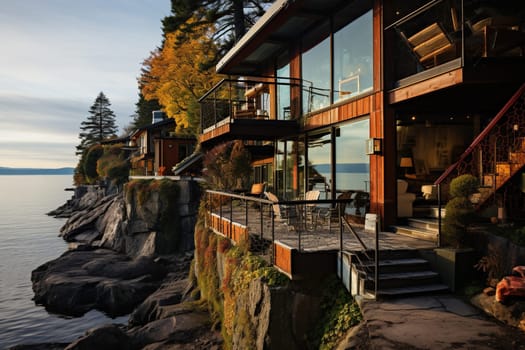 Vintage luxury wooden villa on a rocky seashore.