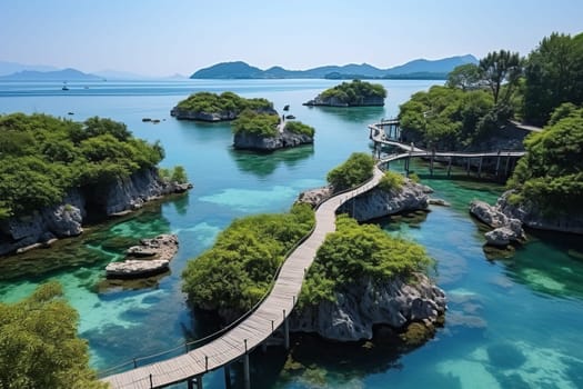 Islands in the sea connected by a bridge.