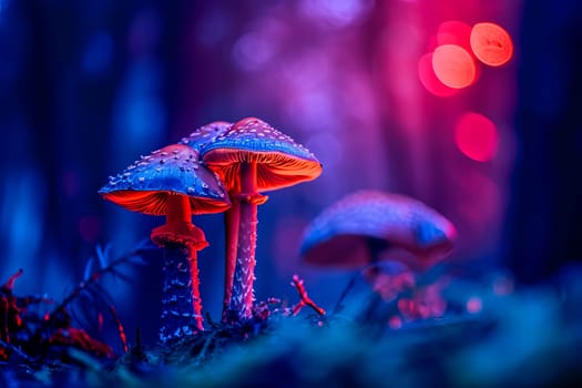 Close-up of magic mushrooms in blue-red-pink neon light. AI generated.