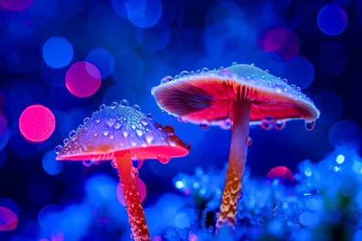 Close-up of magic mushrooms in blue-red-pink neon light. AI generated.