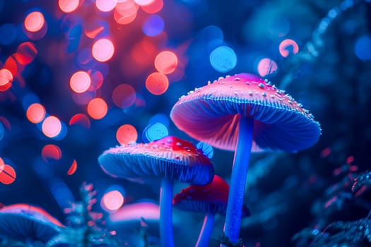 Close-up of magic mushrooms in blue-red-pink neon light. AI generated.