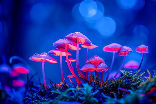 Close-up of magic mushrooms in blue-red-pink neon light. AI generated.