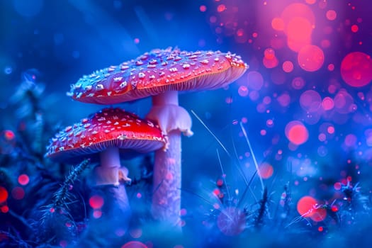 Close-up of magic mushrooms in blue-red-pink neon light. AI generated.