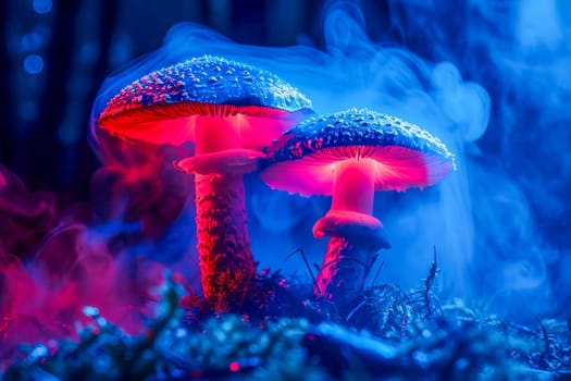 Close-up of magic mushrooms in blue-red-pink neon light. AI generated.