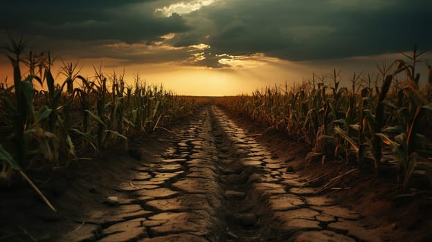 A path with dry cracked earth in the middle of a corn field.