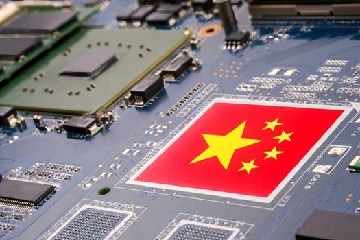 Original photograph capturing the intricate details of a motherboard reveals an added Generative AI Chinese flag, symbolizing the integration of international technology into manufacturing of computers, cell phone and cars. Selective focus.