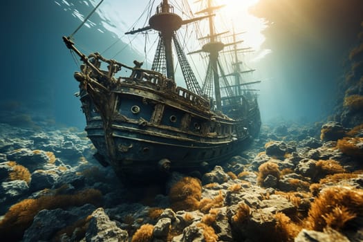 Vintage ship sunk at sea.