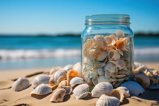 Glass jar with beautiful shells in the sand on the beach. Summer vacation, travel background