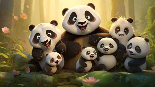 Large diverse family of cute fluffy pandas of different ages in a bamboo forest in a clearing sitting amicably and peacefully together,Generated AI
