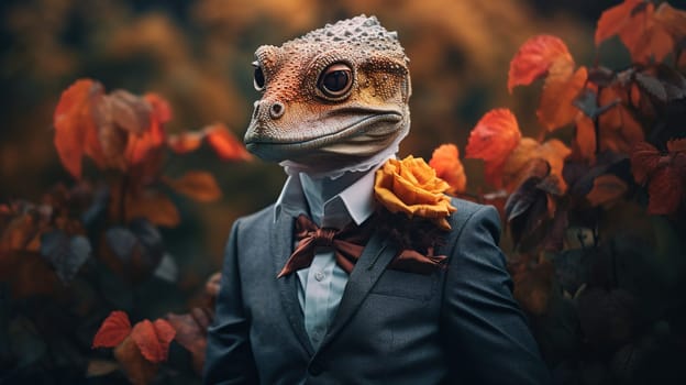elegant lizard in jacket with rose in his buttonhole against the backdrop of blooming garden goes on date with his beloved on Valentines Day, Generated AI