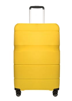 Travel yellow suitcase isolated on white background. Plastic travel suitcase on wheels with handle