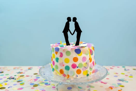 Two grooms cake toppers on decorated wedding cake. Newlywed figurines decoration on wedding cake for gay wedding. Gay wedding concept LGBTQIA