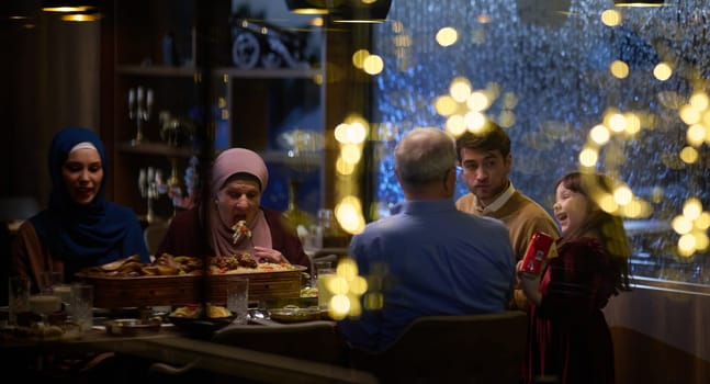 A modern and traditional European Islamic family comes together for iftar in a contemporary restaurant during the Ramadan fasting period, embodying cultural harmony and familial unity amidst a culinary celebration of diversity.