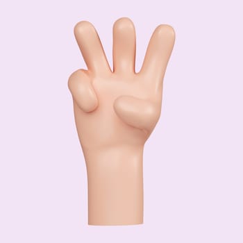 3d hand showing three fingers. icon isolated on yellow background. 3d rendering illustration. Clipping path..