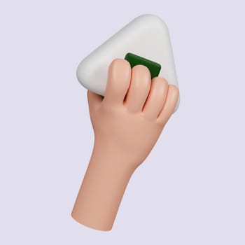3d hand holding onigiri. concept of being hungry. icon isolated on gray background. 3d rendering illustration. Clipping path..