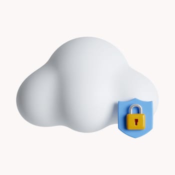 3D fluffy cloud and locked padlock. Security concept. icon isolated on white background. 3d rendering illustration. Clipping path..