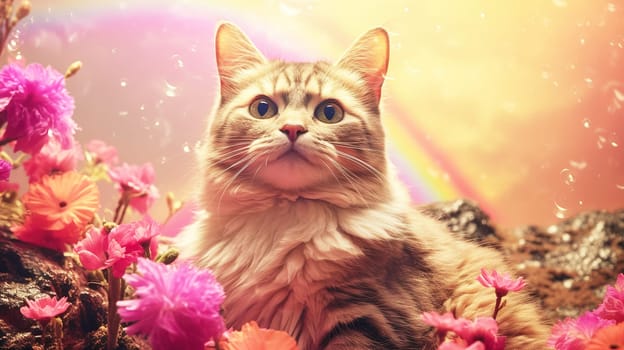 cute sad red kitten among bouquets of flowers and a colored rainbow in the sky with condolences to the deceased pet, Generated AI