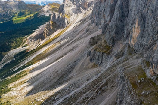 Steep mountain slope of Seceda in Italy.