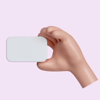 3d cartoon hand holding white empty card. hand holding label or tag. icon isolated on pink background. 3d rendering illustration. Clipping path..