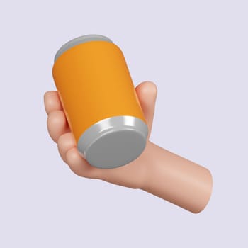 3d Cartoon character hand hold juice can, soda can . icon isolated on gray background. 3d rendering illustration. Clipping path..