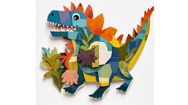 A captivating dinosaur illustration crafted from vibrant pieces of 3D paper, showcasing creativity and depth in a unique artistic form.