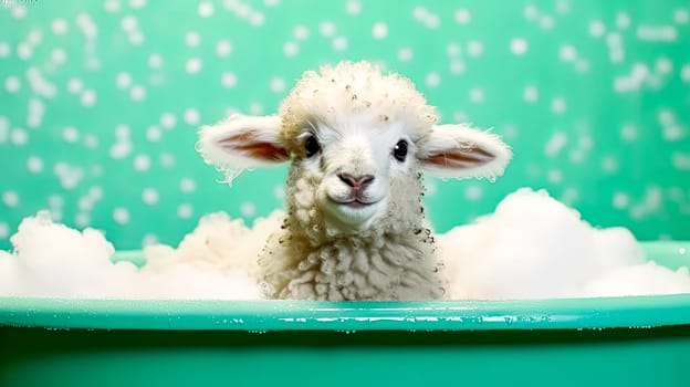 A cute sheep splashes around in a bath, covered in fluffy foam, set against a vibrant colored background. Ideal for whimsical design projects and animal themed content