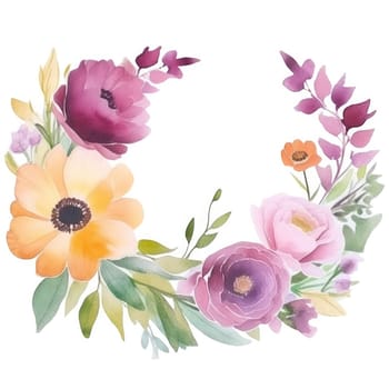 Watercolor flowers frame illustration for greeting card. Generative AI.