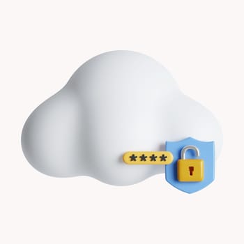 3d fluffy cloud and password unlock. Security concept. icon isolated on white background. 3d rendering illustration. Clipping path..