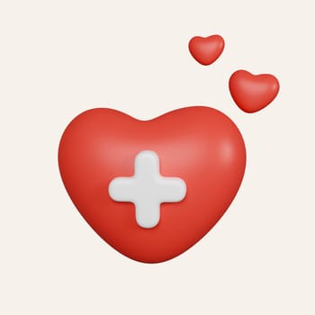 3d red heart with plus sign icon. heartbeat or cardiogram for healthy lifestyle, pulse beat measure, cardiac assistance. icon isolated on white background. 3d rendering illustration. Clipping path..