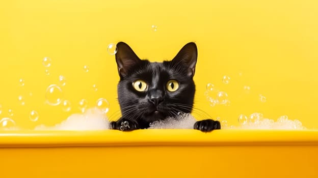 A charming black cat sits in a bathtub surrounded by soap bubbles on a vibrant yellow background, creating a whimsical and endearing scene.