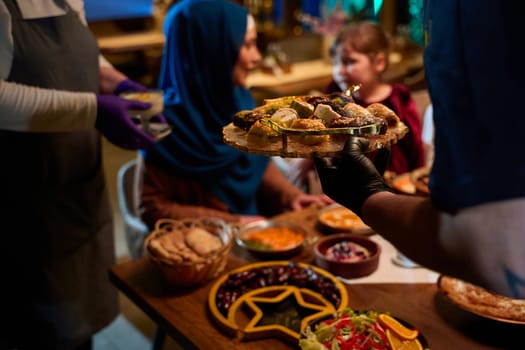 In a heartwarming scene, a professional chef serves an European Muslim family their iftar meal during the holy month of Ramadan, embodying cultural unity and culinary hospitality in a moment of shared celebration and gratitude.