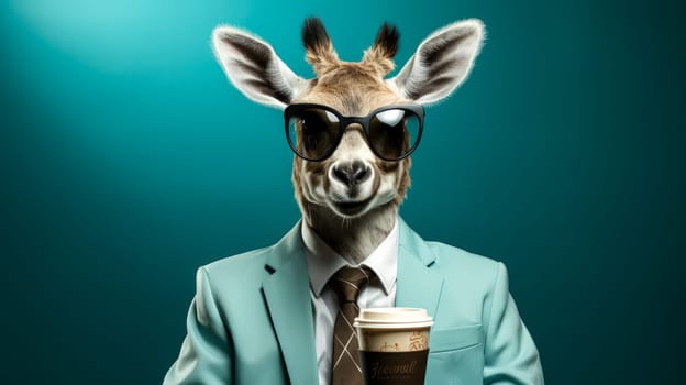 A dapper giraffe in a sleek suit enjoys a cup of coffee against a turquoise backdrop, blending whimsy with sophistication in this charming illustration.