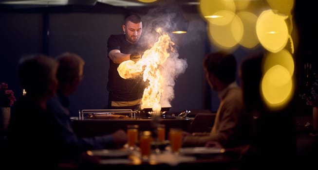 In a restaurant setting, a professional chef presents a sizzling steak cooked over an open flame, while an European Muslim family eagerly awaits their iftar meal during the holy month of Ramadan, blending culinary artistry with cultural tradition in a harmonious dining experience.