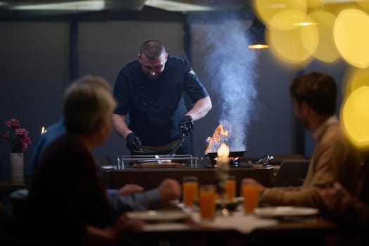 In a restaurant setting, a professional chef presents a sizzling steak cooked over an open flame, while an European Muslim family eagerly awaits their iftar meal during the holy month of Ramadan, blending culinary artistry with cultural tradition in a harmonious dining experience.