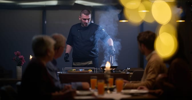 In a restaurant setting, a professional chef presents a sizzling steak cooked over an open flame, while an European Muslim family eagerly awaits their iftar meal during the holy month of Ramadan, blending culinary artistry with cultural tradition in a harmonious dining experience.