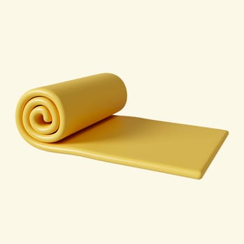 3d yellow yoga mat. Fitness and health. Exercise equipment. icon isolated on yellow background. 3d rendering illustration. Clipping path..