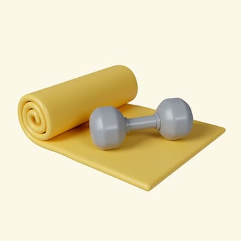 3d yellow yoga mat with dumbbell. Fitness and health. Exercise equipment. icon isolated on yellow background. 3d rendering illustration. Clipping path..