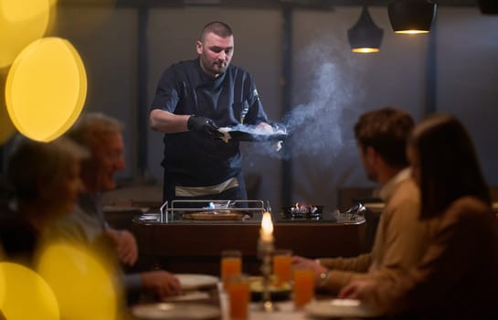 In a restaurant setting, a professional chef presents a sizzling steak cooked over an open flame, while an European Muslim family eagerly awaits their iftar meal during the holy month of Ramadan, blending culinary artistry with cultural tradition in a harmonious dining experience.