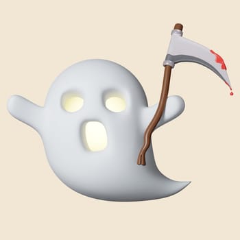 3d ghost sickle holding a knife icon. Traditional element of decor for Halloween. icon isolated on gray background. 3d rendering illustration. Clipping path..