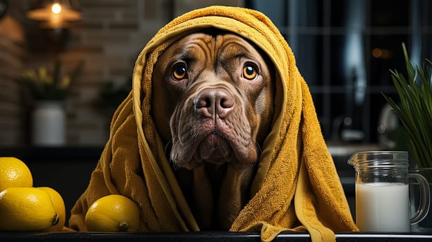 A mastiff wrapped in a yellow towel after a bath, showcasing the care and pampering pets receive, reflecting the bond between animals and their owners.