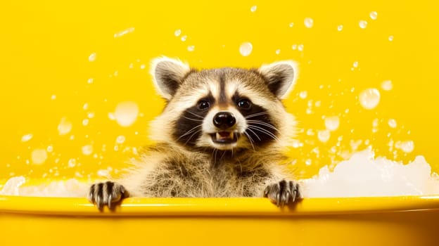 A cute raccoon takes a refreshing bath, surrounded by foamy soap bubbles, against a cheerful yellow background, creating a whimsical and endearing image.