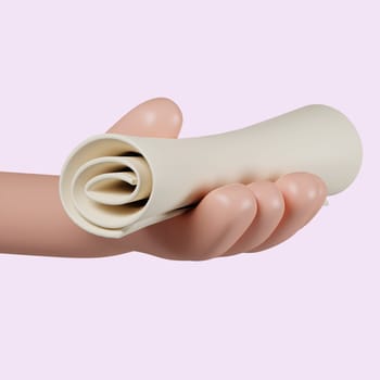 3d hand gesture hold Diploma Paper Scroll. icon isolated on pink background. 3d rendering illustration. Clipping path..