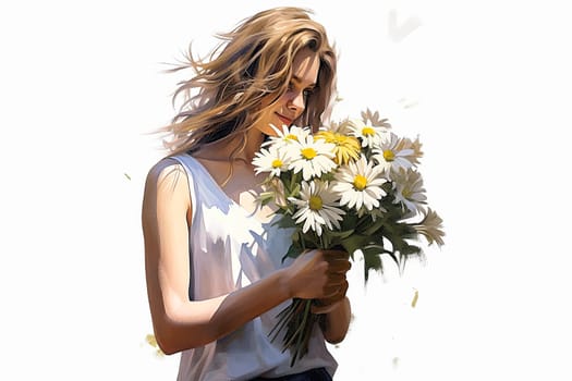 A happy woman holds a bouquet of daisies, a beautiful gesture with flowers in her hands amidst grass and plants.